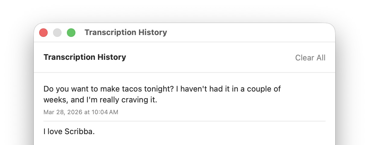 Scribba transcription history window showing recent transcriptions